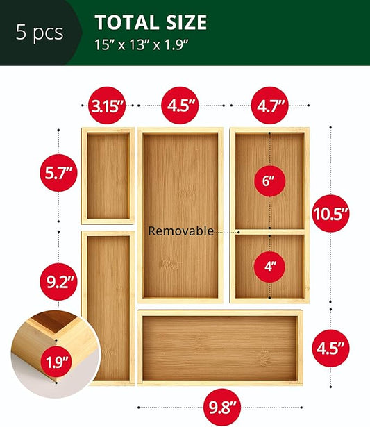 ROYAL CRAFT WOOD 5-Piece Bamboo Drawer Organizer Set – Multi-Use Storage Trays - Image 2