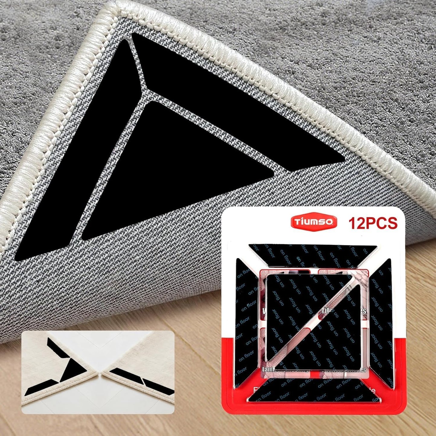 12Pcs Rug Gripper, Double Sided Carpet Tape for Area Rugs, Non Slip Rug Pads Grippers for Hardwood, Tile and Laminate Floors, Rug Corner Grippers for Preventing Curling and Bunching, Black