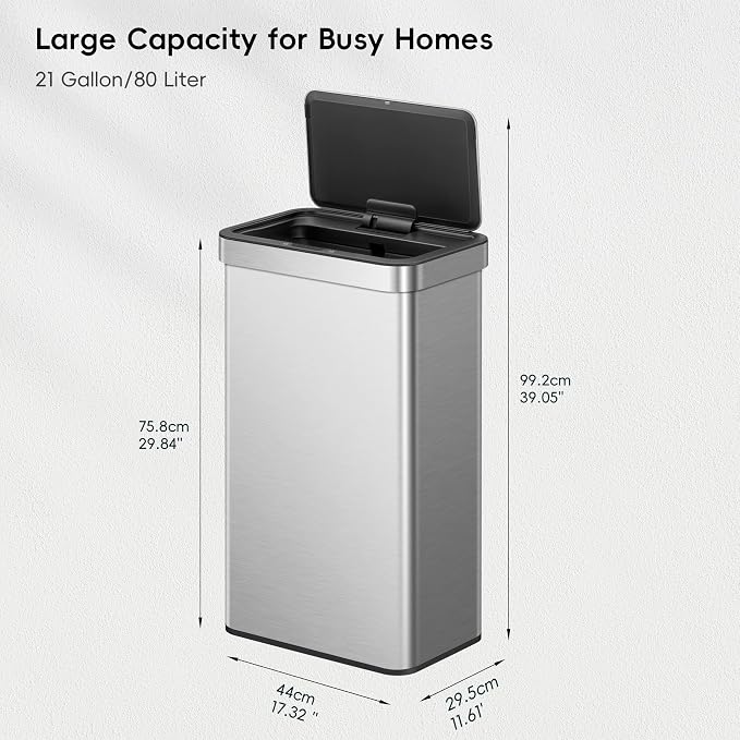EKO Nova Sensor Trash Can, 21 Gallon/80 Liter Stainless Steel Rectangular - Image 2