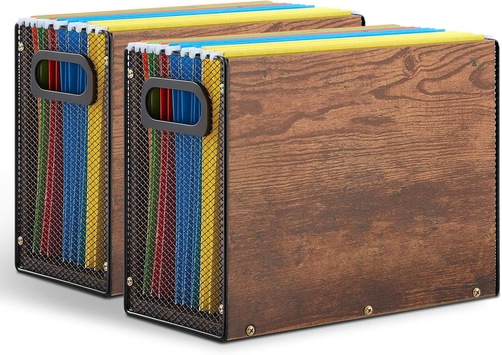 AmazingSpark Wooden Hanging File Organizer Box with Handles, 2 Pack