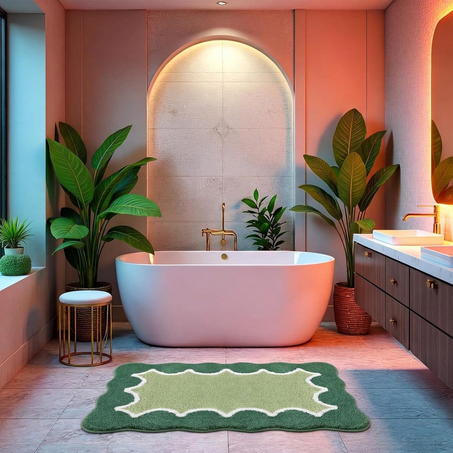 Green Cute Scalloped Bathroom Rug 20"x32" Plush Microfiber Scallop Bathroom Mat Non Slip Absorbent Quick Dry Bath Mat for Shower Room Floor Washable Carpet for Shower Tub Sink Bedroom