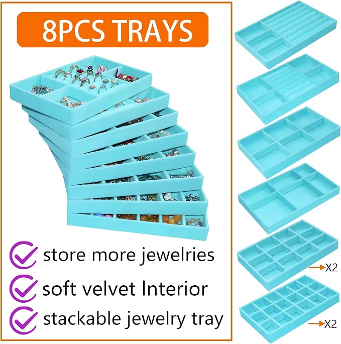 8 Pcs Velvet Jewelry Tray Stackable Jewelry Drawers Organizer Trays Rings - Image 3