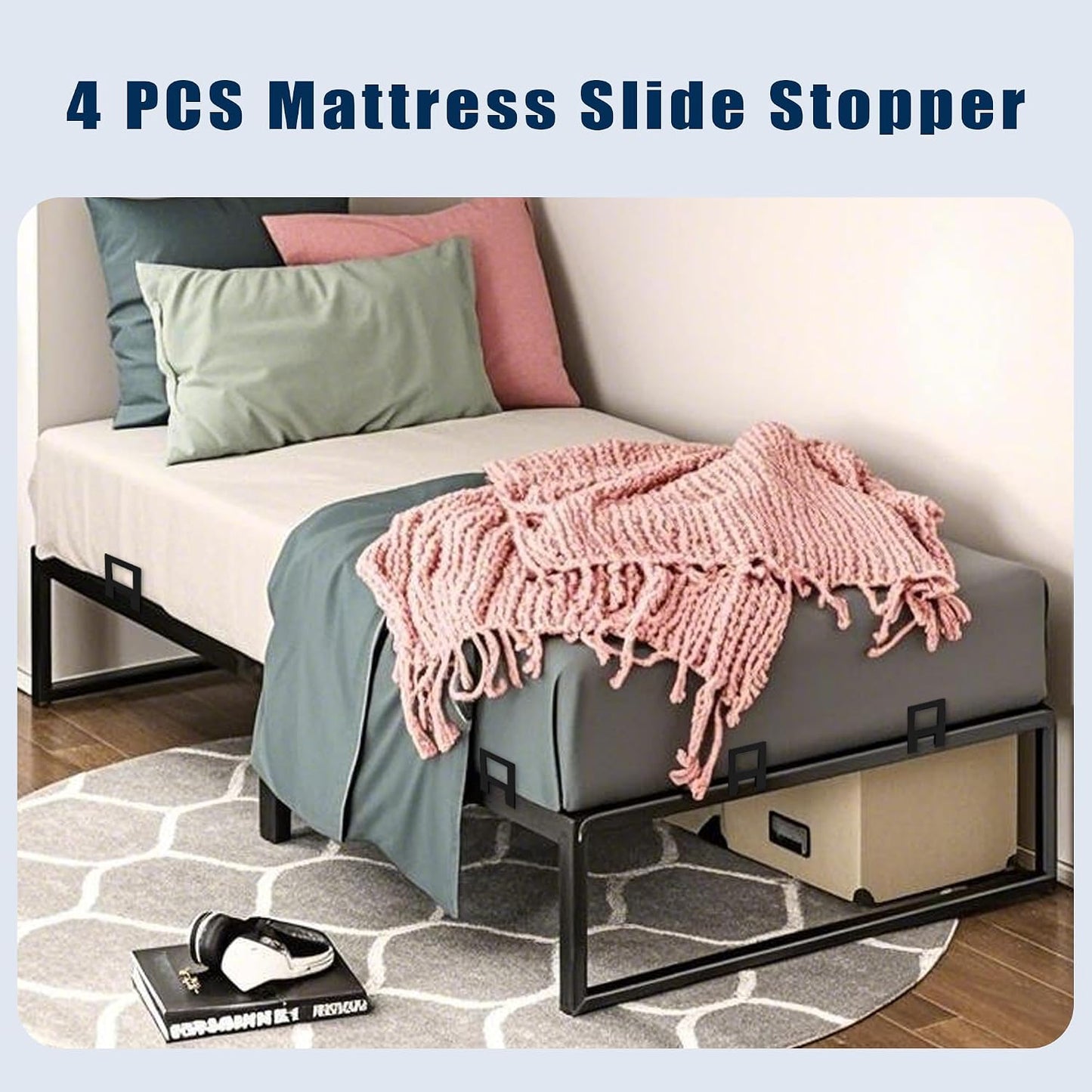 Non Slip Mattress Gaskets for Bed Frame, Mattress Holder in Place Gripper, Heavy Duty Anti-Slip Baffle Mattress Retainer Bar, Keep Mattress from Sliding Gripper, Adjustable, 4 PCS, Bed Parts