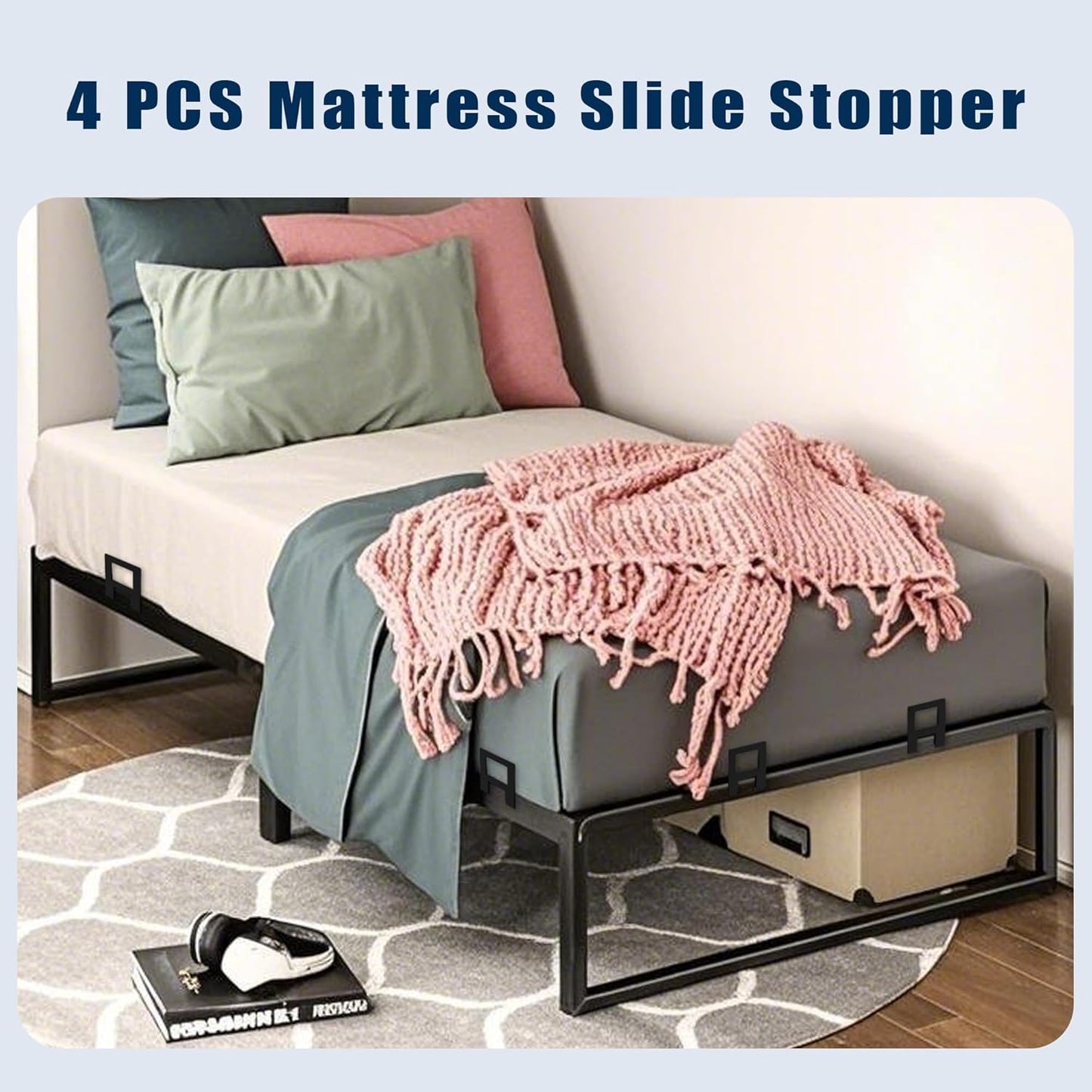 Non Slip Mattress Gaskets for Bed Frame, Mattress Holder in Place Gripper, Heavy Duty Anti-Slip Baffle Mattress Retainer Bar, Keep Mattress from Sliding Gripper, Adjustable, 4 PCS, Bed Parts