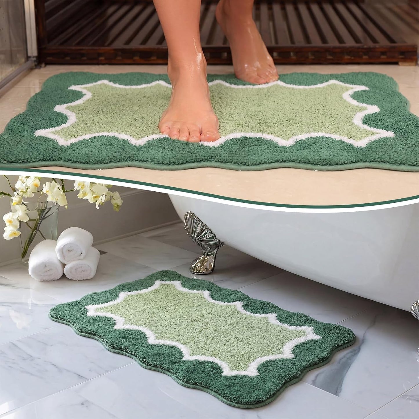 Green Cute Scalloped Bathroom Rug 20"x32" Plush Microfiber Scallop Bathroom Mat Non Slip Absorbent Quick Dry Bath Mat for Shower Room Floor Washable Carpet for Shower Tub Sink Bedroom