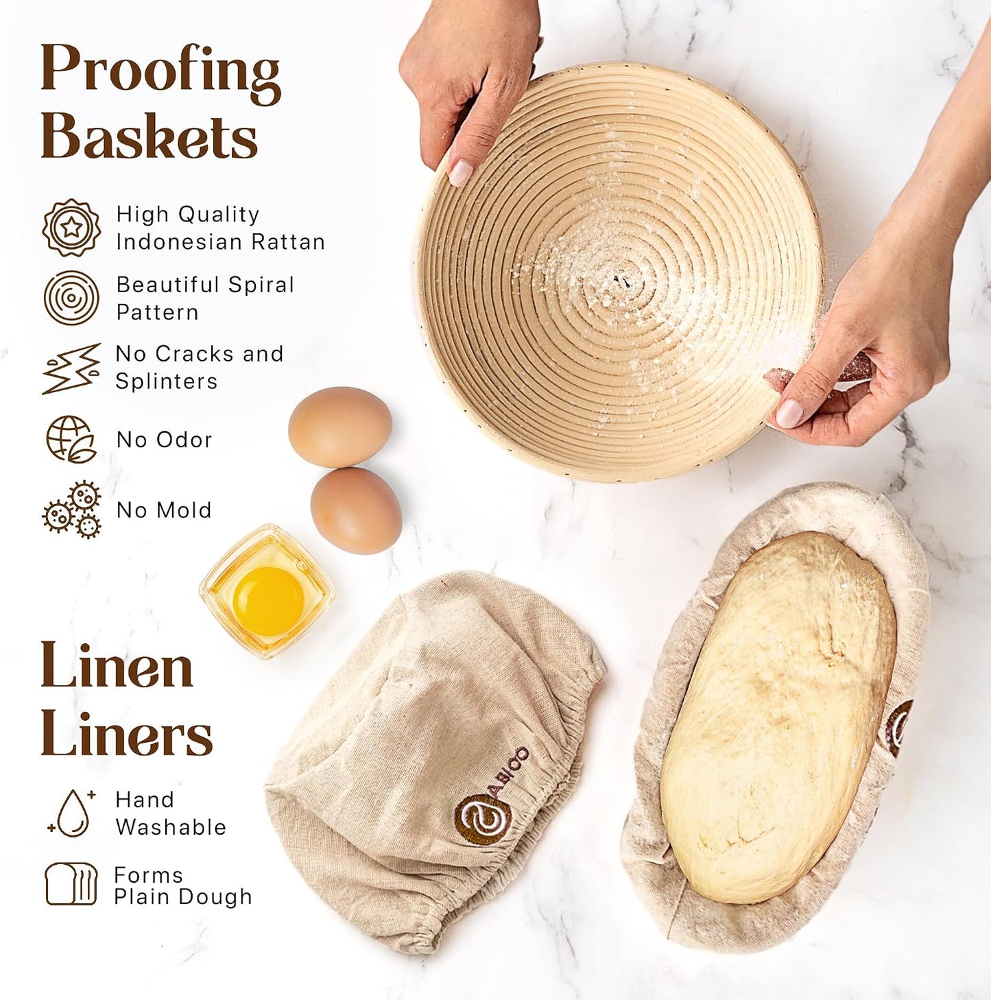 ABIOTO Banneton Baskets with Sourdough Bread Baking Supplies - 17-Piece Kit | Bread Baking Kit for Beginners - Round & Oval Sourdough Proofing Baskets, Liners, Slings, Mat, Lame, Danish Whisk, & Scrapers