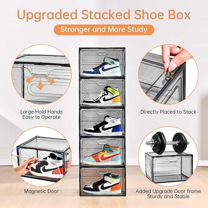 New Gray 8 Pack Shoe Boxes Stackable, Large Shoe Storage Organizer - Image 7