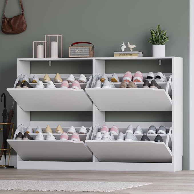Shoe Cabinet with 4 Flip Drawers, Narrow Hidden Shoe Storage Cabinet, Slim - Image 7