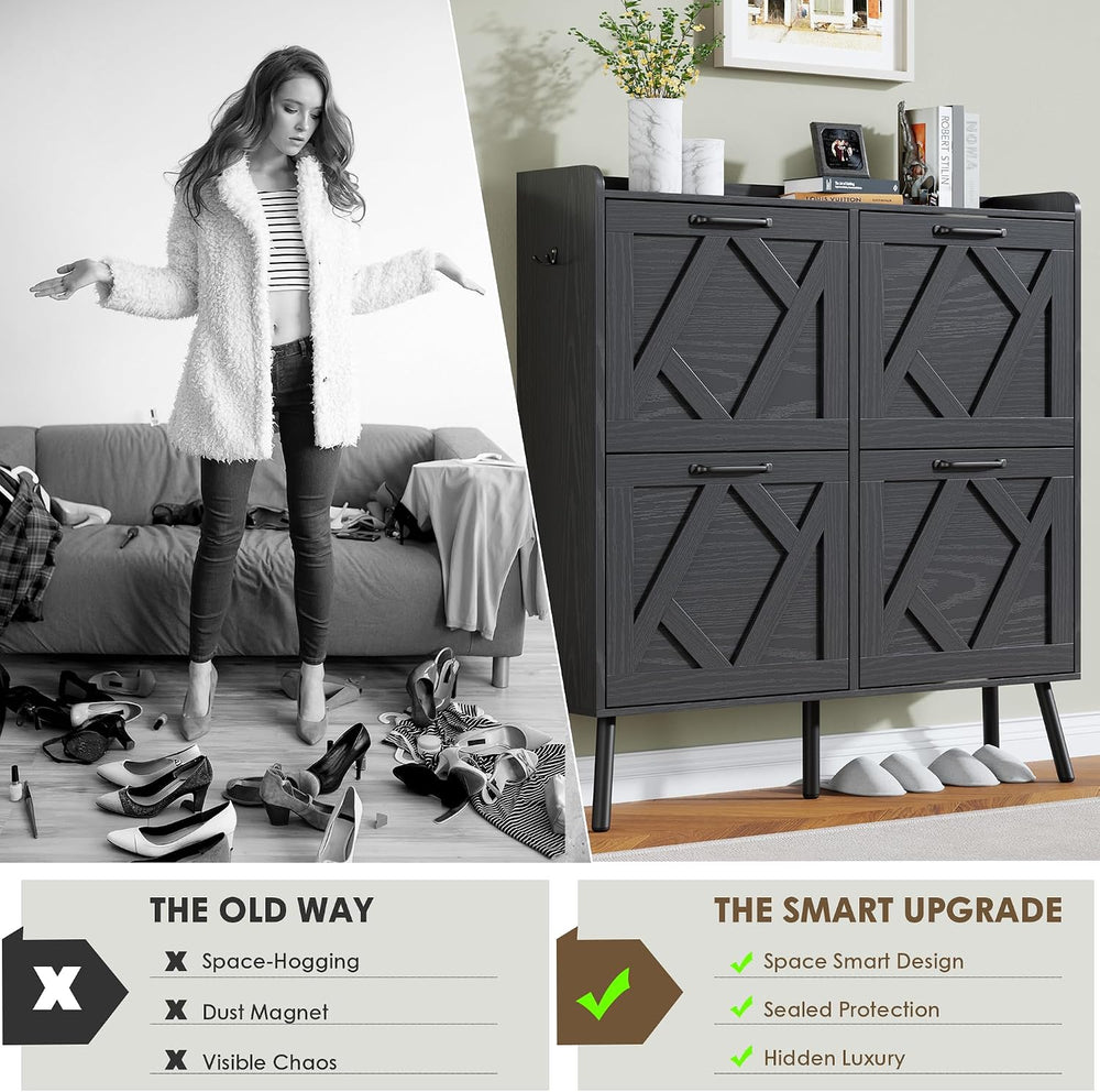 Nicetree Shoe Cabinet with 4 Flip Drawers, Hidden Shoe Rack Cabinet with Meta...