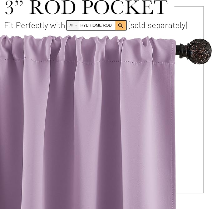 RYB HOME 70 inch Wide Curtains Blackout, Solid Durable Room Darkening Drapes - Image 2