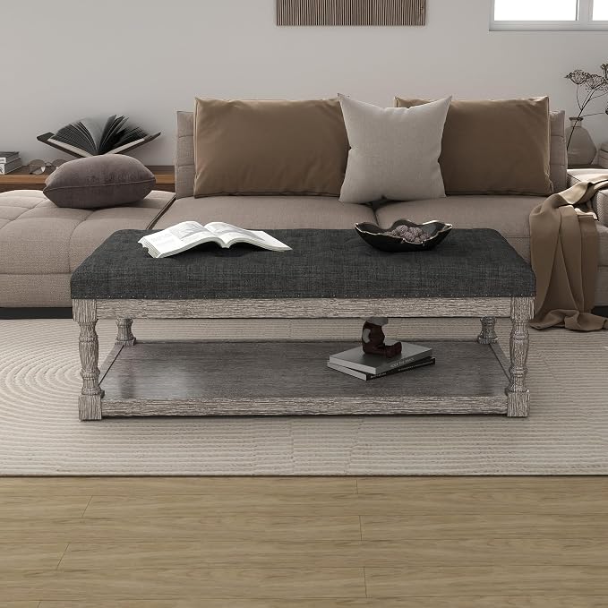 48" Large Ottoman with Storage Coffee Table, Upholstered Tufted Linen Ottoman - Image 7