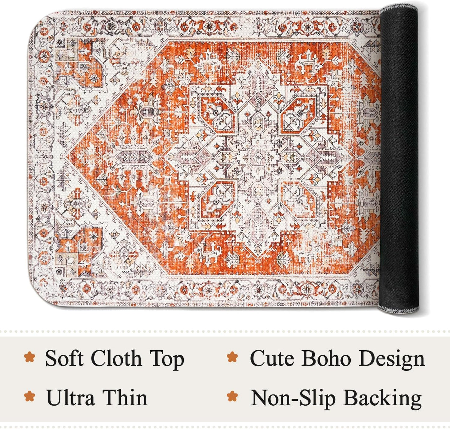 Thin Bath Mats for Bathroom Under Door, Vintage Boho Bathroom Rugs Non Slip with Rubber Backing, Quick Dry Washable Cute Small Bath Rug for Shower, Tub, Sink Floor, Orange,1'5"x2'3"