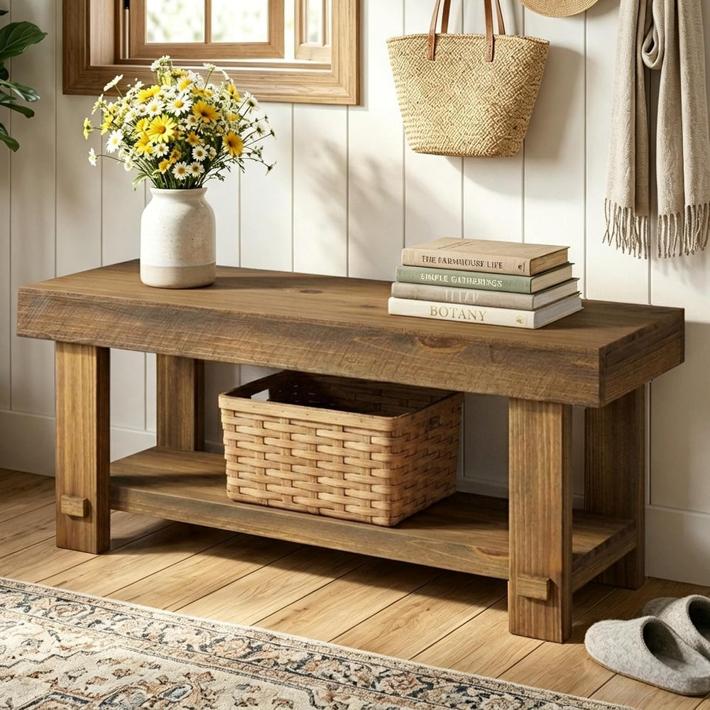 HOKYHOKY Solid Wood Entryway Bench - 42.6" Farmhouse Long Narrow Benches