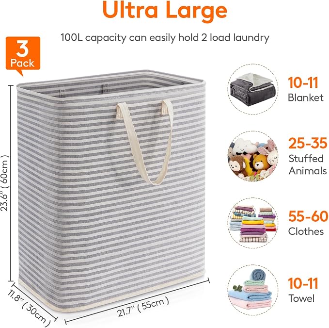 Lifewit 3 Pack Laundry Hamper Large Collapsible Laundry Baskets, Freestanding - Image 3