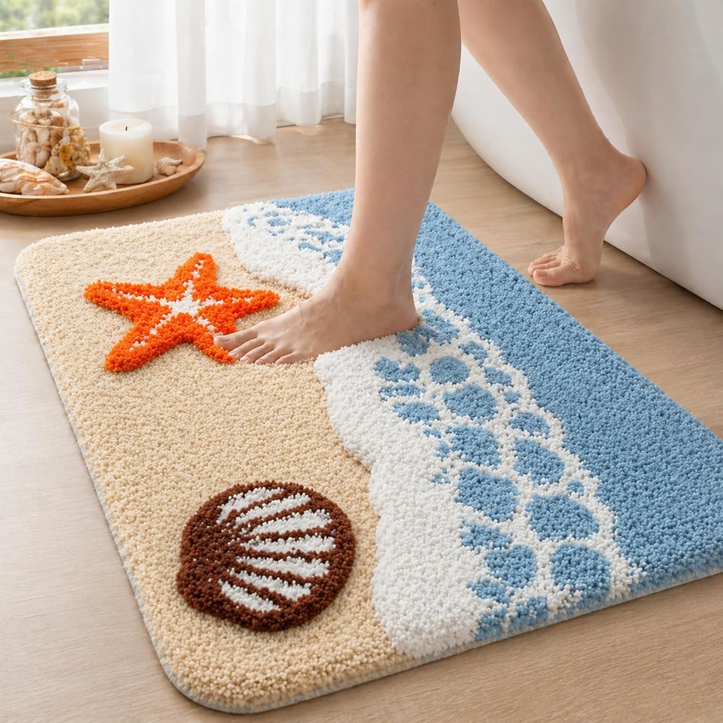 Beach Bathroom Rug 20 x 32 Inch, Coastal Ocean Wave Bath Mat with Starfish and Seashell Design, Soft Absorbent Plush Rug with Textured Backing for Tub, Shower, Sink, Vanity Floor Decor