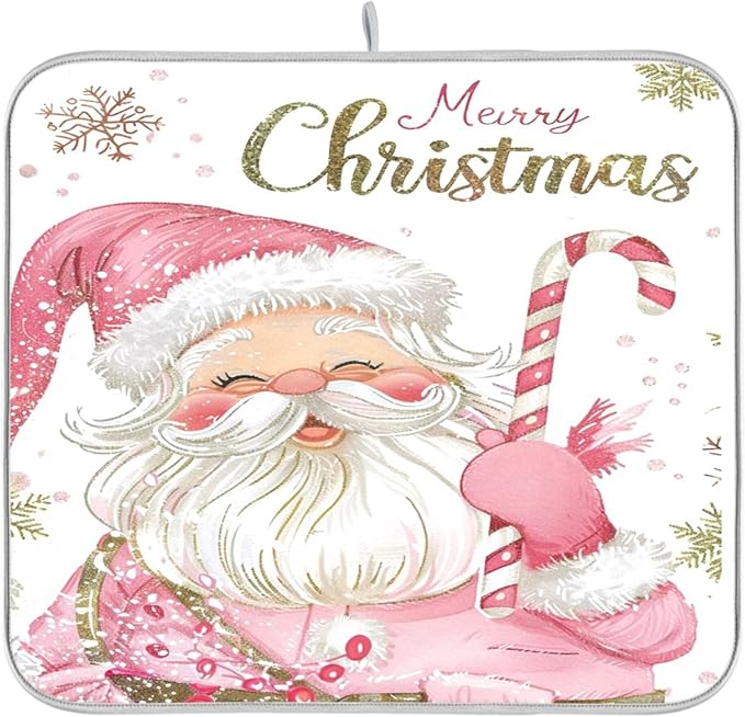 Christmas Santa Claus Pink Dish Drying Mat by Wamika