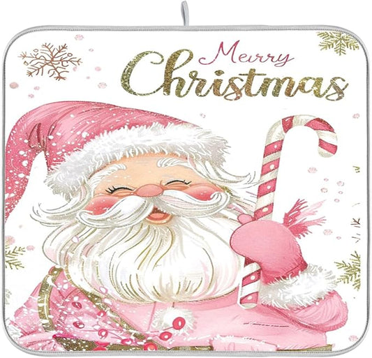 Christmas Santa Claus Pink Dish Drying Mat by Wamika