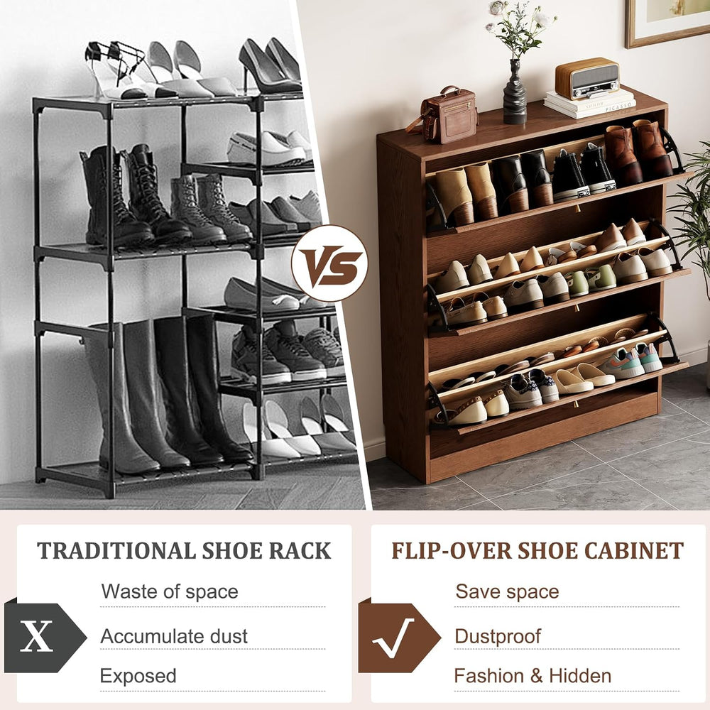 KungFuWood Soild Wood Shoe Storage Cabinet with 3 Flip Drawers for Entryway,N...