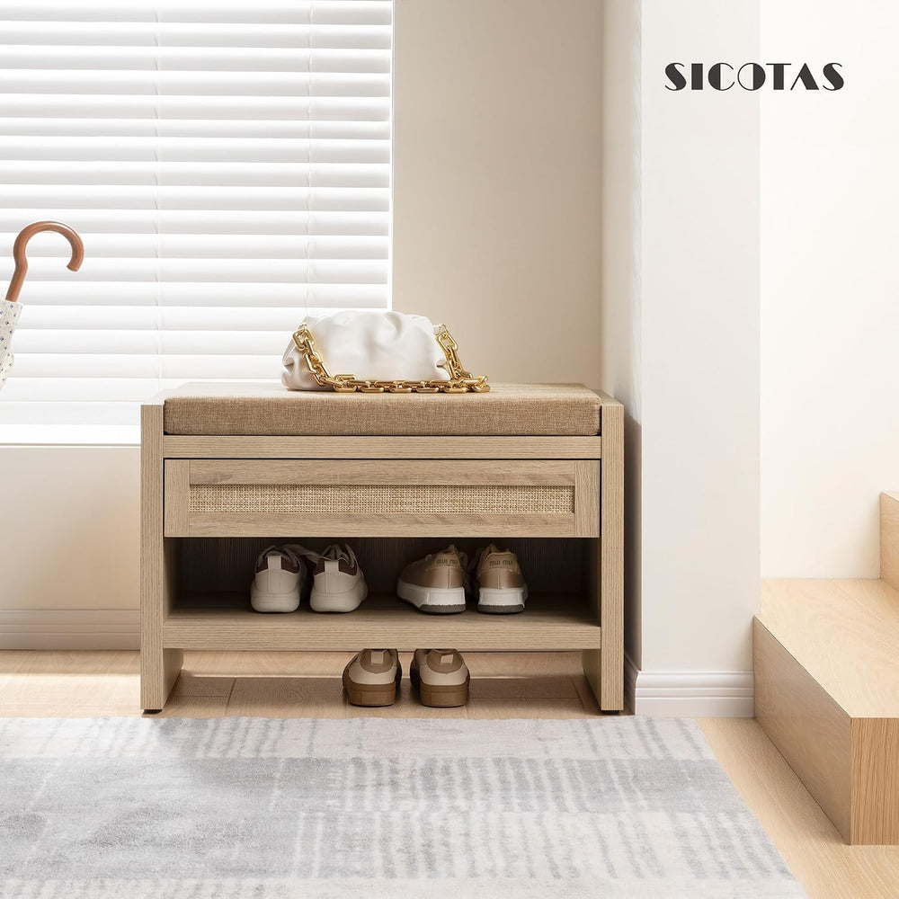 SICOTAS Rattan Shoe Bench Entryway Bench with Storage Drawer, Linen Cushion