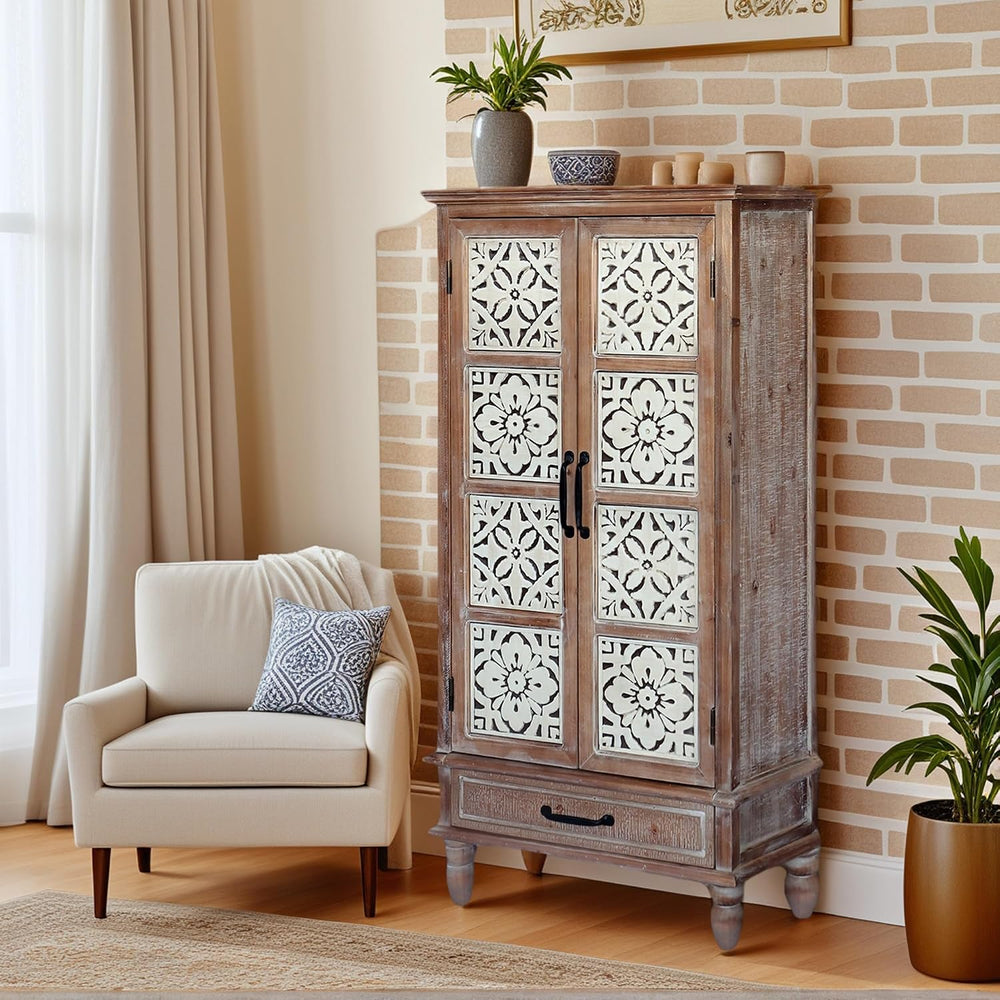 French Country Side Cabinet - Vintage 2 Door Wood Cabinet with Storage, Accen...
