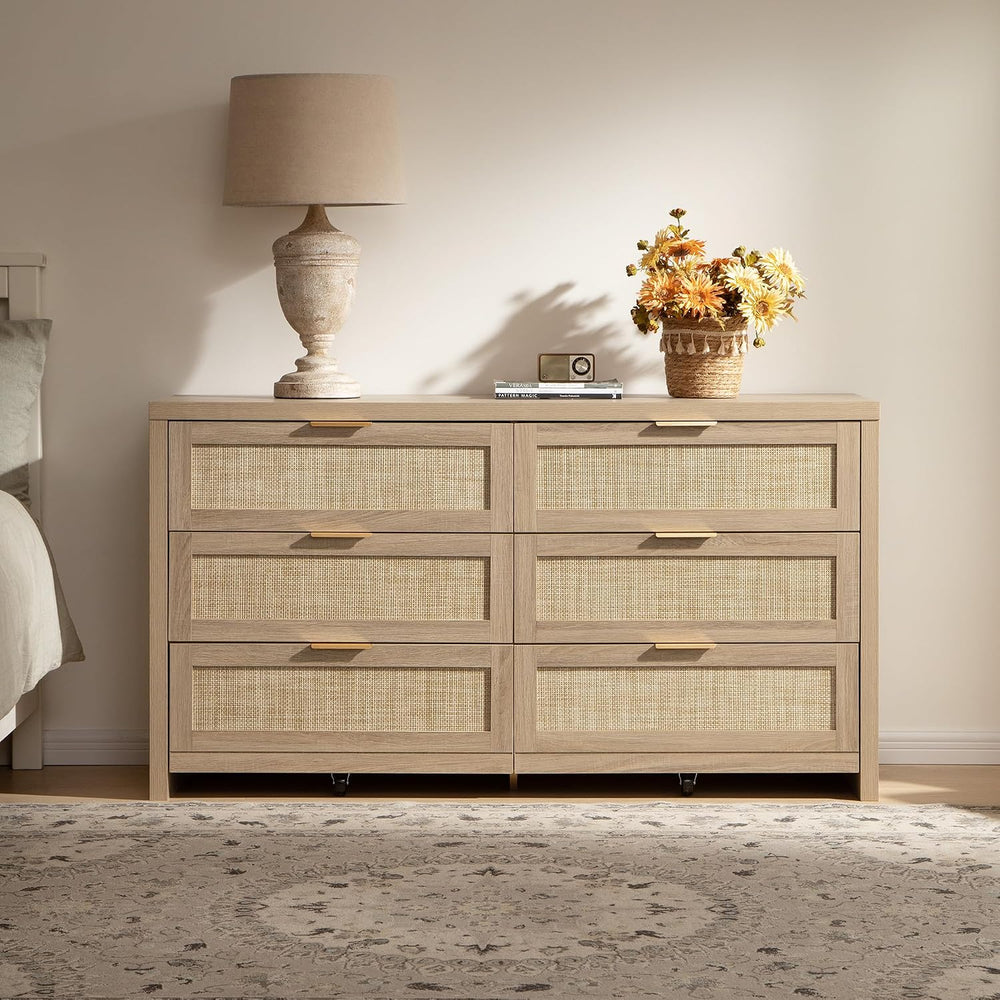 SICOTAS Rattan Dresser for Bedroom, 57" Wide 6 Drawer Dresser