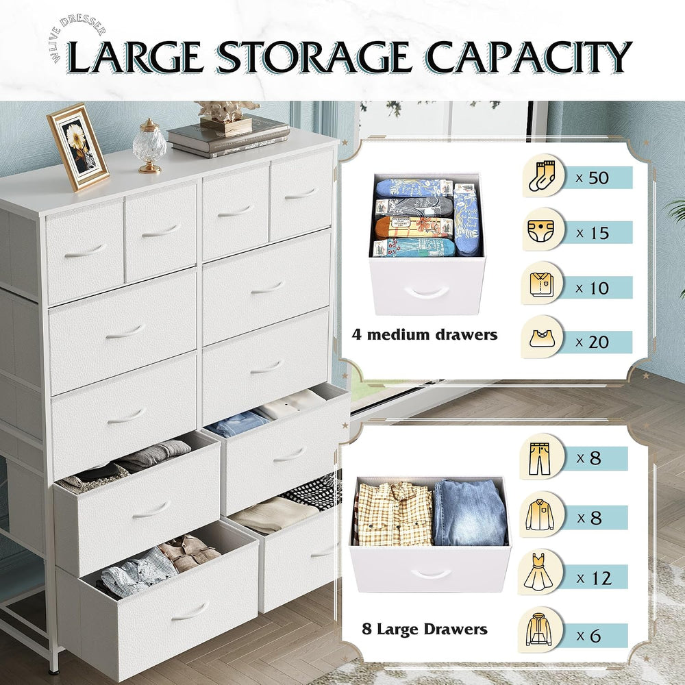 WLIVE 12 Drawer Tall White Fabric Dresser Bedroom Storage Chest