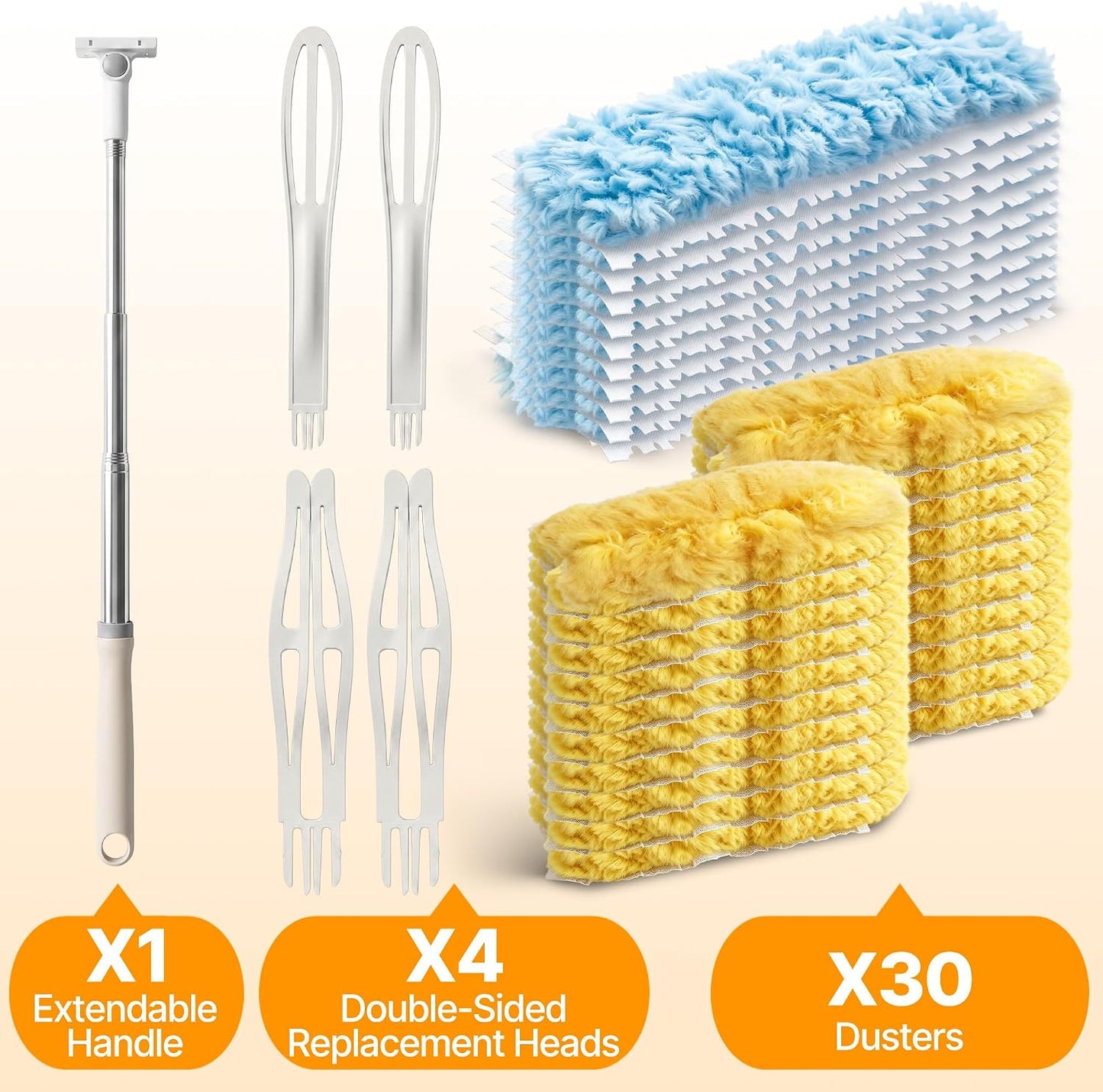 30 Count Heavy Duty Duster Refills, 6FT Extendable Handle with Dual Heads, 4 Fan Blades, 360 Microfiber Duster for Ceiling Fan, High Ceilings, Lamps, Hard-to-Reach Areas