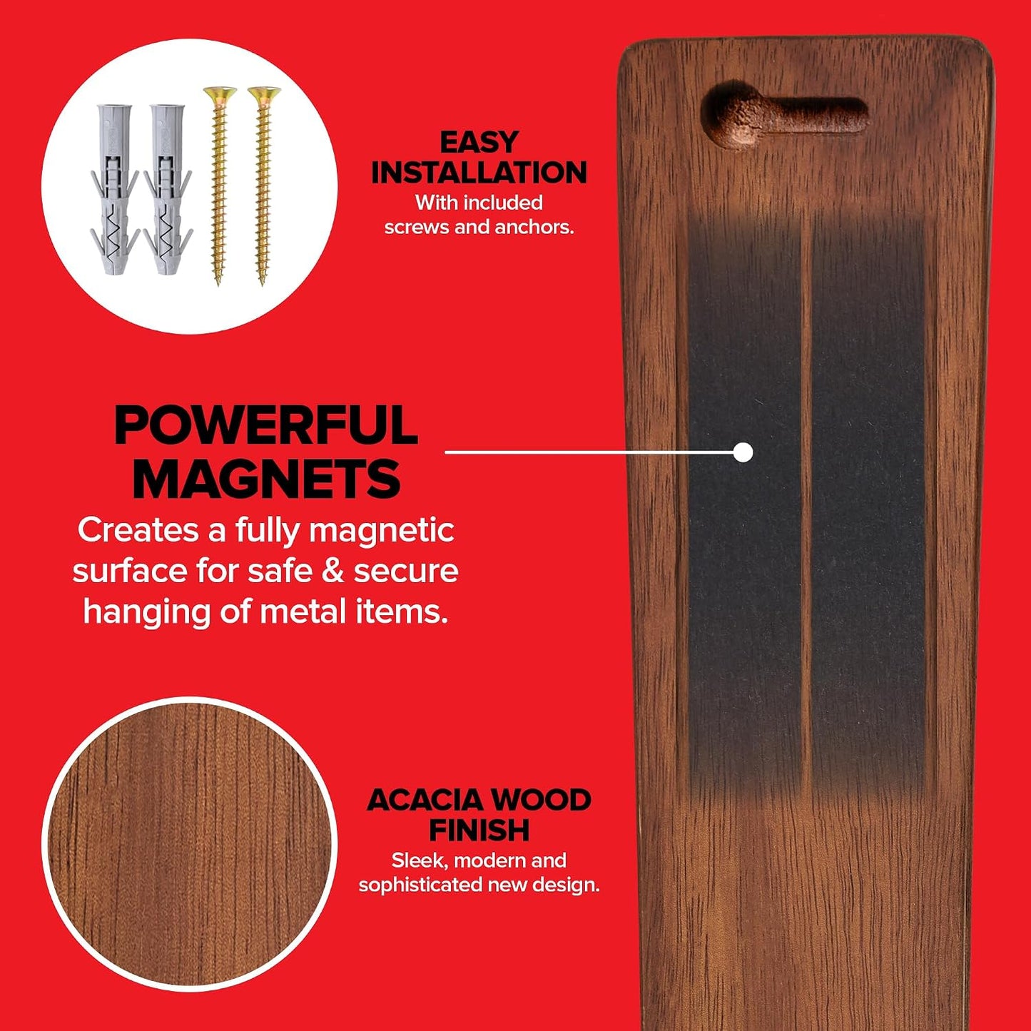 24 Inch Acacia Wood Magnetic Knife Holder with Multipurpose Use, Magnetic Knife Holders for Kitchen, Wooden Knife Rack, Magnet Strips for Knives & Metal Utensils, Tool Holder, Art Supply Organizer