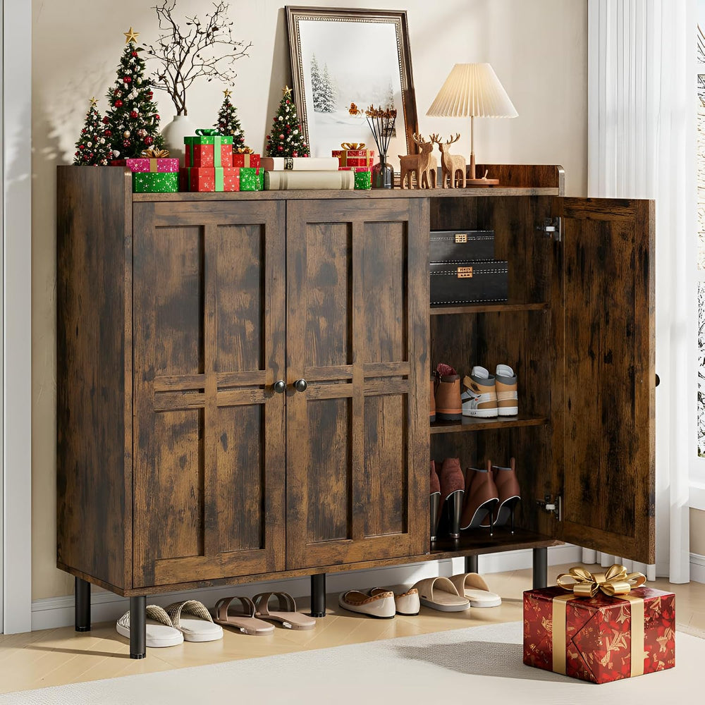 ONBRILL Shoe Cabinet with 3 Doors & Adjustable Shelves (Rustic Brown)