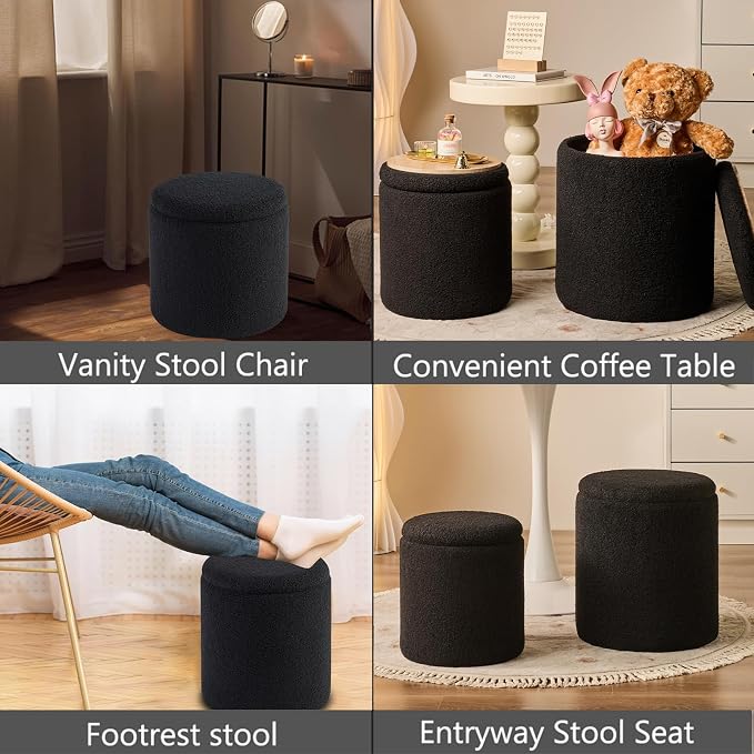 Round Ottoman with Storage Set of 2-Upholstered Sherpa Vanity Stool - Image 6