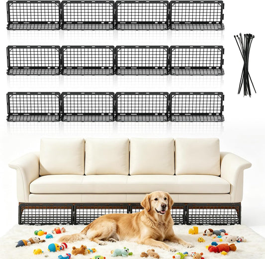 12 Pack Under Couch Blocker for Pets, Adjustable Furniture Under Bed Blocker with 30 Ties, Plastic Couch Barrier for Dogs, Cats and Small Items, Black