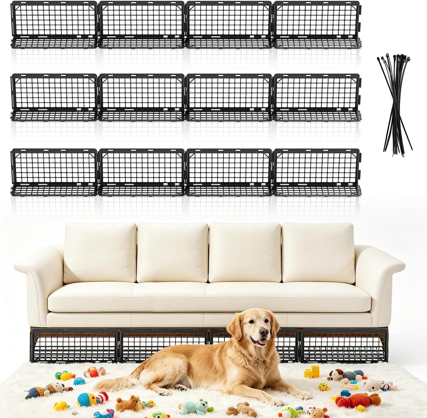 12 Pack Under Couch Blocker for Pets, Adjustable Furniture Under Bed Blocker with 30 Ties, Plastic Couch Barrier for Dogs, Cats and Small Items, Black