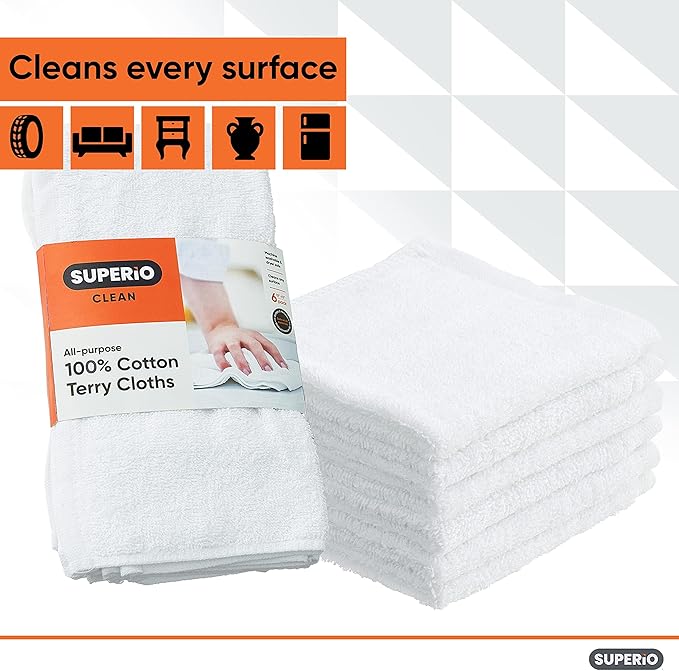 Superio Terry Cloth Rags White Washcloths 100% Cotton 12" Cleaning Cloths - Image 5