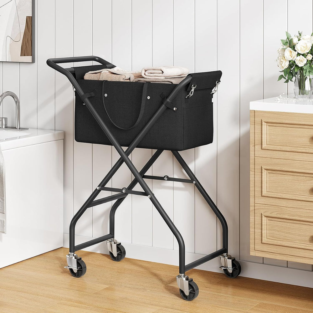 No-Bend Laundry Cart- Rolling Hamper with Locking Wheels & Handle, Foldab...