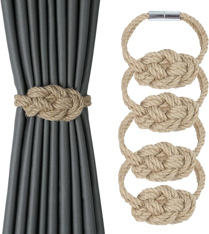 4 Pack Natural Jute Magnetic Curtain Tiebacks, Boho Rustic Style Decorative by HedongHexi