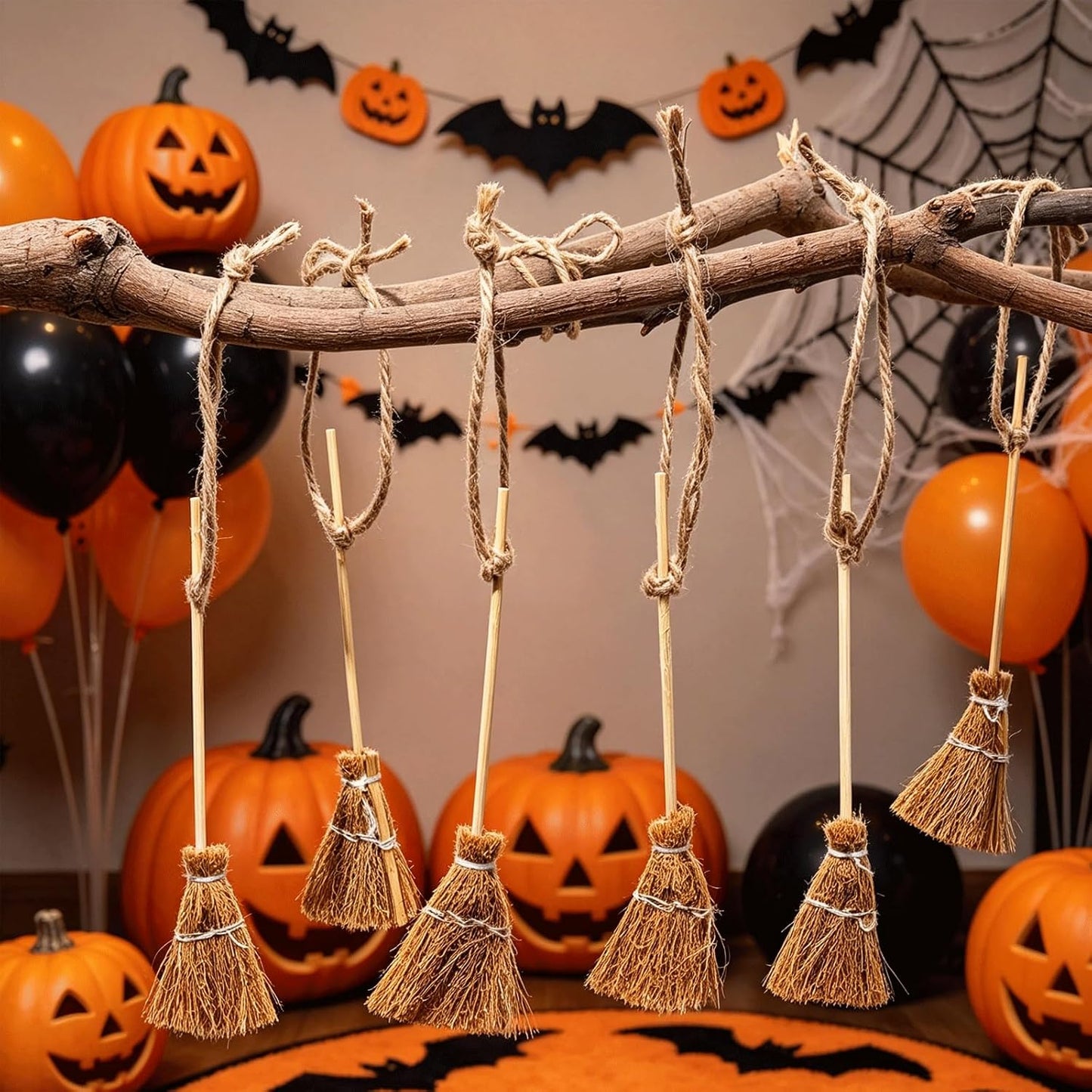 24 Pcs Mini Witch Broom Decorations, 3 Sizes Natural Straw Broom Props with Red/White Ropes, Miniature Broom Ornaments for Halloween Party Favors Cosplay Dollhouse Home Decor & DIY Crafts Supplies