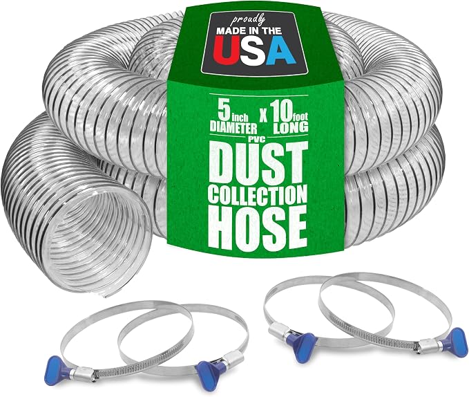 PVC Dust Collection Hose w/4 Thumbscrew Clamps, Puncture Resistant, Carbon by Fulton