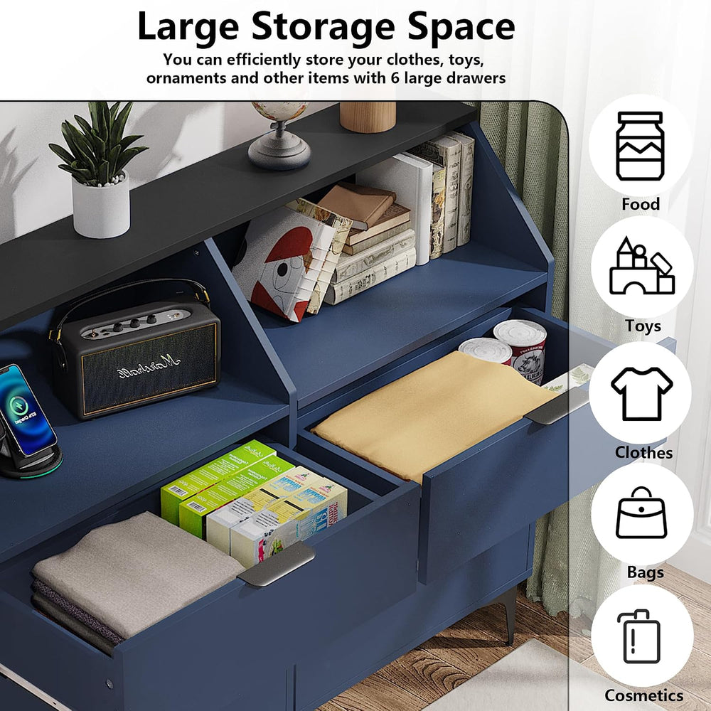 LOUVIXA 6 Drawer Dresser with LED Light, Chest of Drawers with Charging Stati...