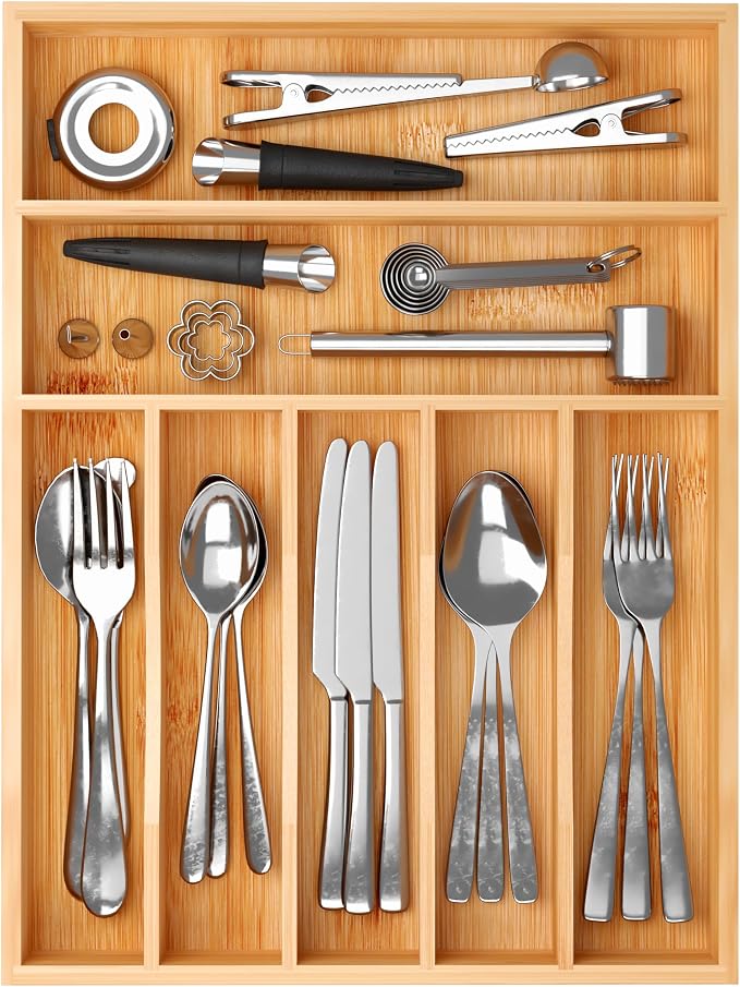 BAMEOS Bamboo Silverware Drawer Organizers, 11.9 inch Utensil Drawer Organizer - Image 2