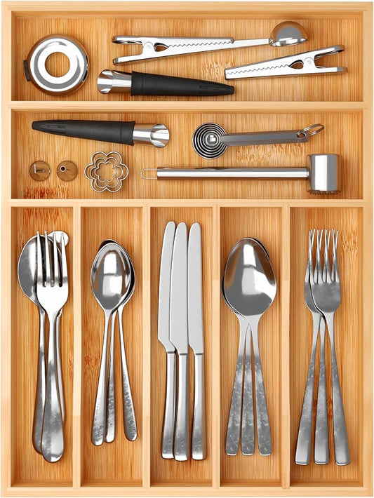 BAMEOS Bamboo Silverware Drawer Organizers, 11.9 inch Utensil Drawer Organizer - Image 2