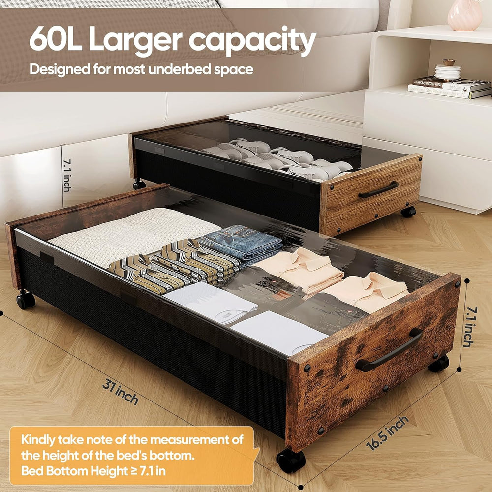 KITHELP Wooden Under Bed Storage with Wheels, Rolling Under the Bed Storage B...