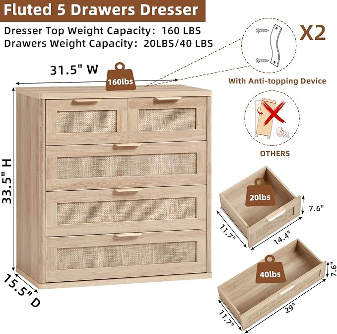 LEYAOYAO Rattan Dresser for Bedroom Set of 2, 33.5" Tall Chest of Drawers - Image 2