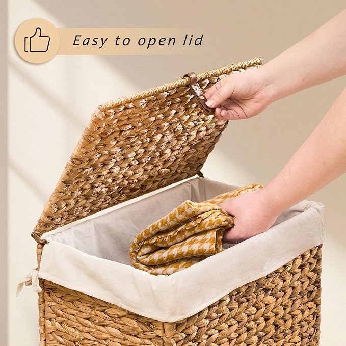 Handwoven Laundry Basket with Lid, Natural Water Hyacinth Storage Basket with - Image 4