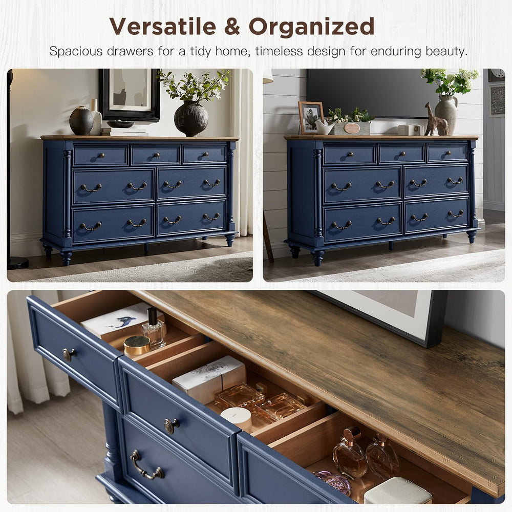 T4TREAM Farmhouse 7-Drawer Dresser with Solid Wood Feet, Antique Blue