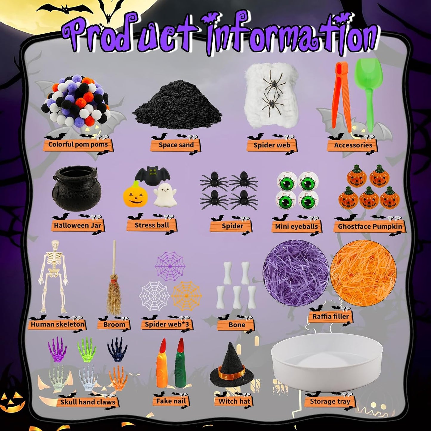 Hiawbon Halloween Sensory Bin Kits Sensory Bin Fillers | with Spider Spider Web Bat Halloween Sensory Box for Halloween Birthday