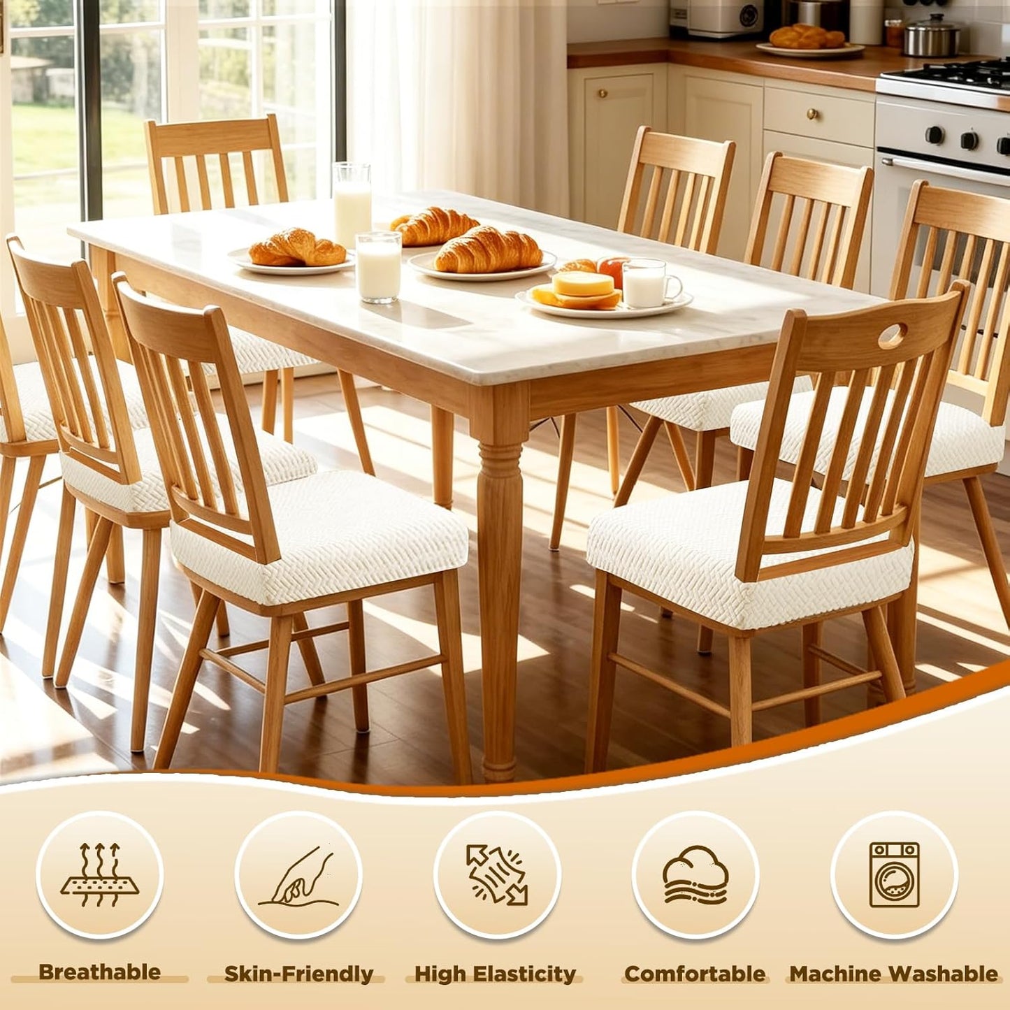 Dioxide Chair Covers for Dining Room Chairs,Chair Seat Covers Fit Stretch Jacquard Removable Slipcover Protector for Hotel Ceremony Banquet Wedding Party (Rear-Gapped,Beige Stripe,4PC,Not Waterproof)