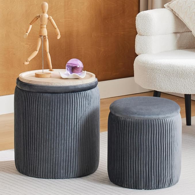 Round Ottoman with Storage Set of 2-Upholstered Velvet Vanity Stool by HomePage