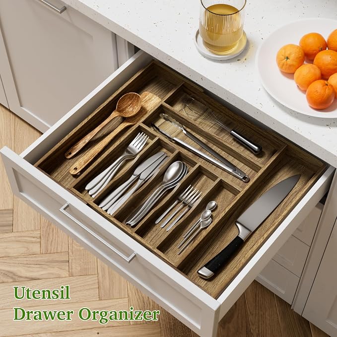Acacia Wood Kitchen Silverware Drawer Organizer, Expandable Utensil Cutlery - Image 3
