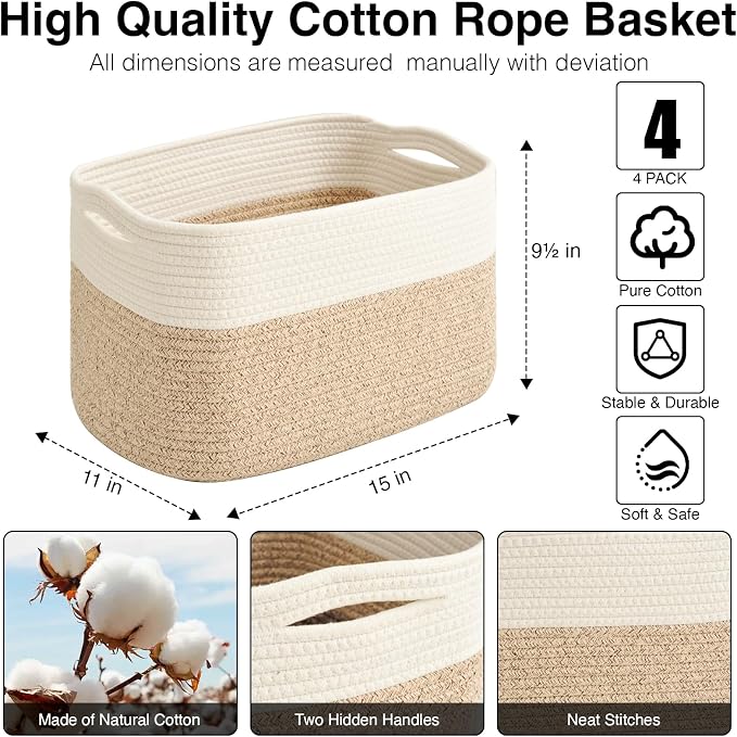 Storage Baskets for Organizing & Shelves, Woven Cotton Rope Organization Bins - Image 3