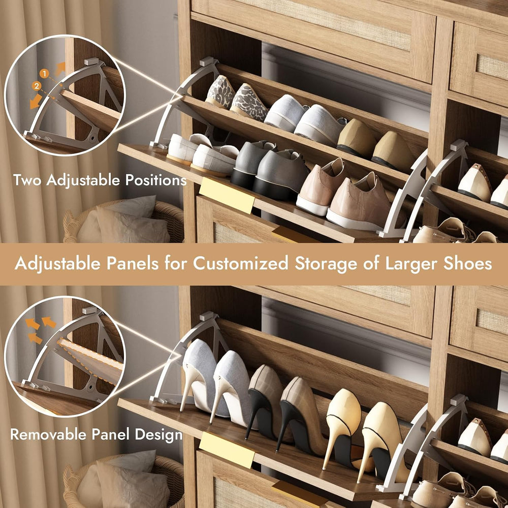 HOKYHOKY Large Rattan Shoe Storage Cabinet with 4 Flip Drawers & 2 Storages